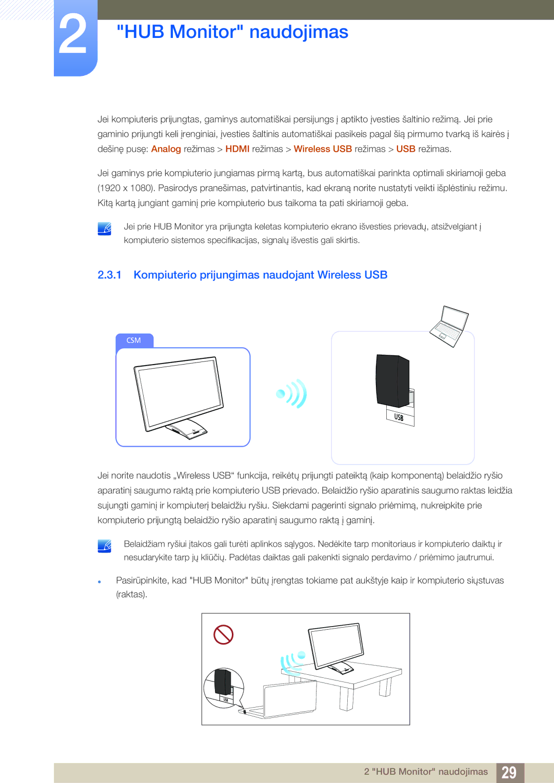 Samsung LC23A750XS/EN manual Kompiuterio prijungimas naudojant Wireless USB 