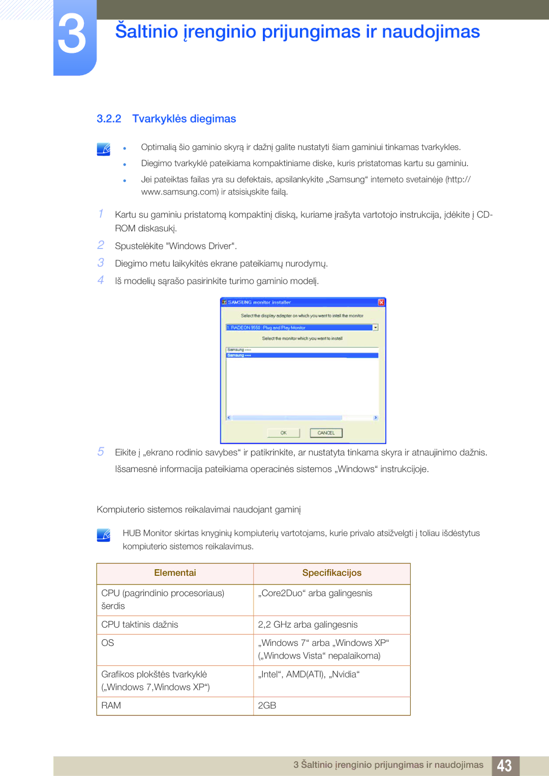 Samsung LC23A750XS/EN manual Tvarkyklės diegimas, Elementai Specifikacijos 