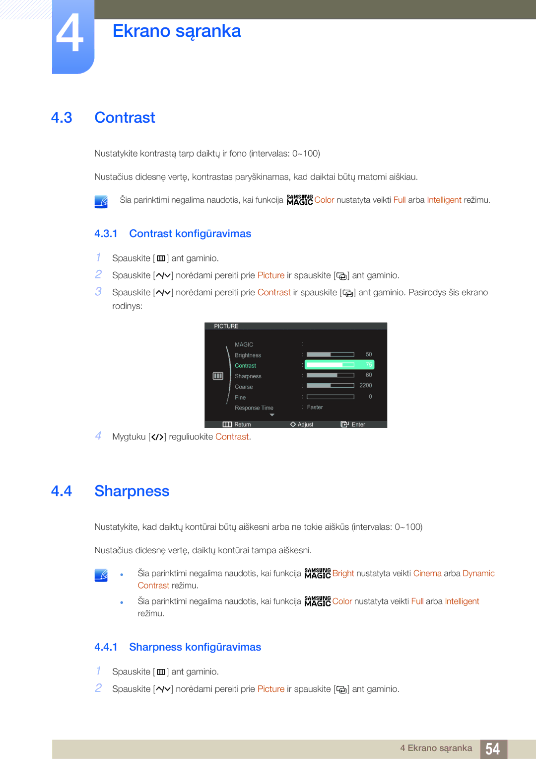 Samsung LC23A750XS/EN manual Contrast konfigūravimas, Sharpness konfigūravimas 