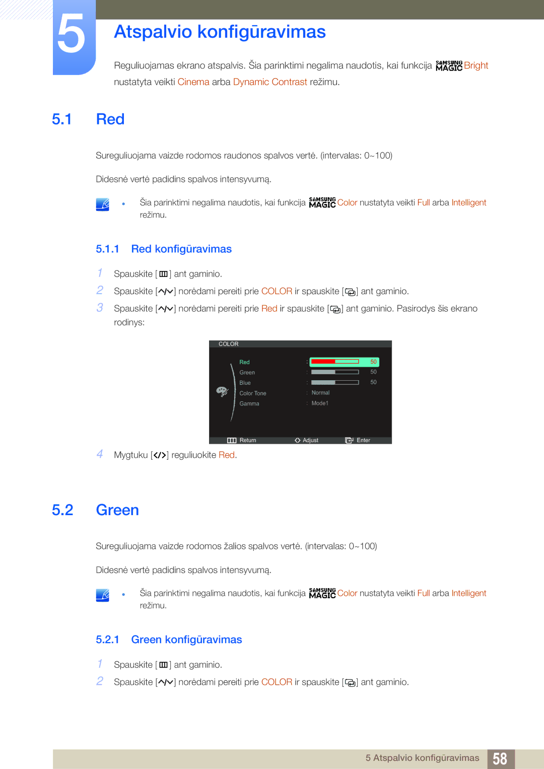 Samsung LC23A750XS/EN manual Atspalvio konfigūravimas, Red konfigūravimas, Green konfigūravimas 