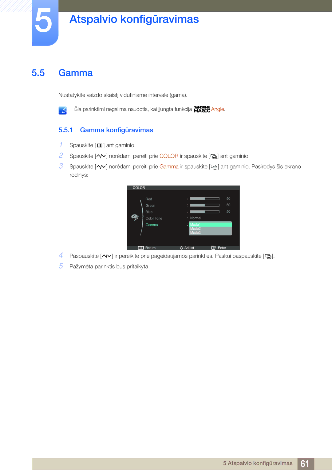 Samsung LC23A750XS/EN manual Gamma konfigūravimas 