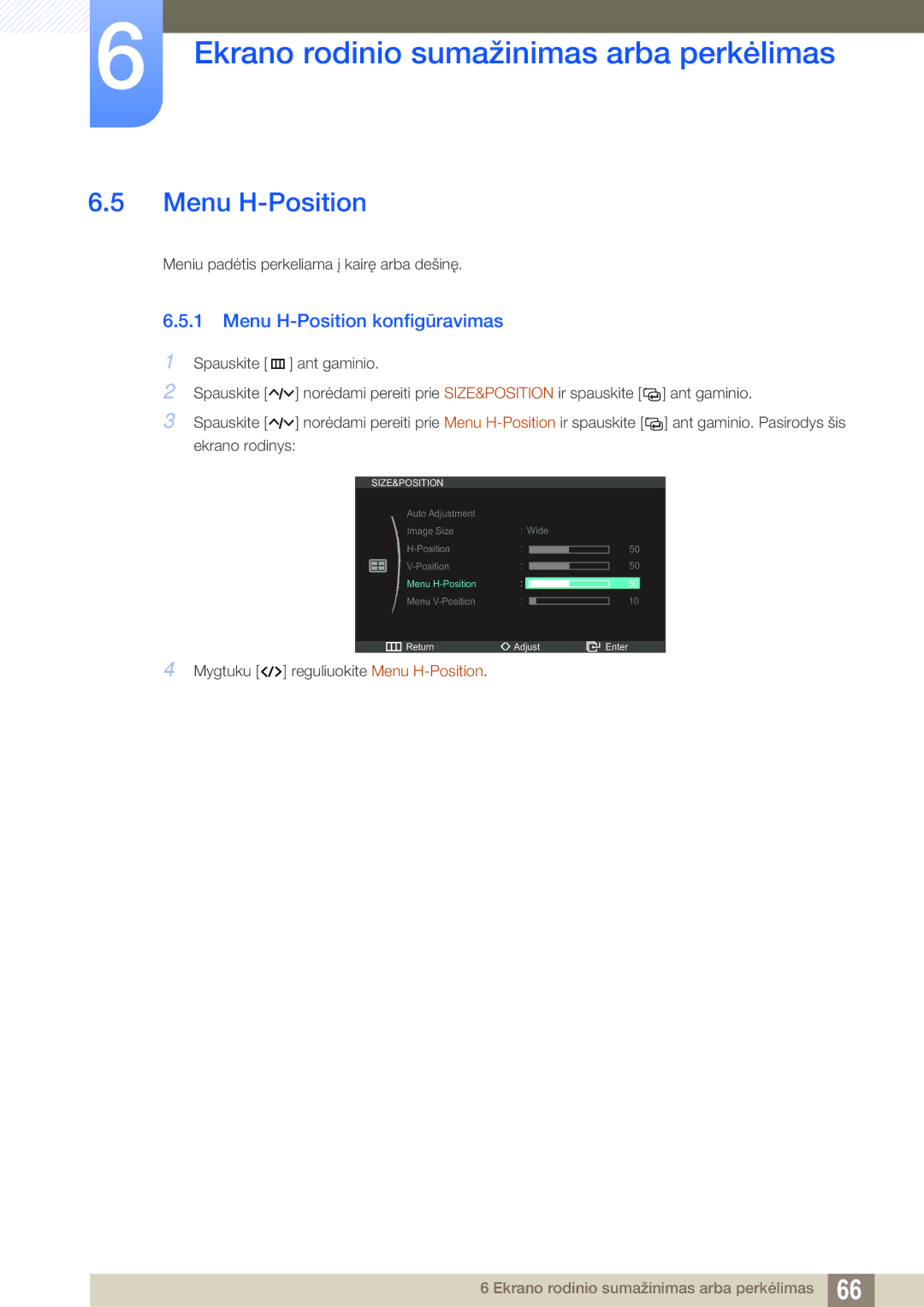 Samsung LC23A750XS/EN manual Menu H-Position konfigūravimas 