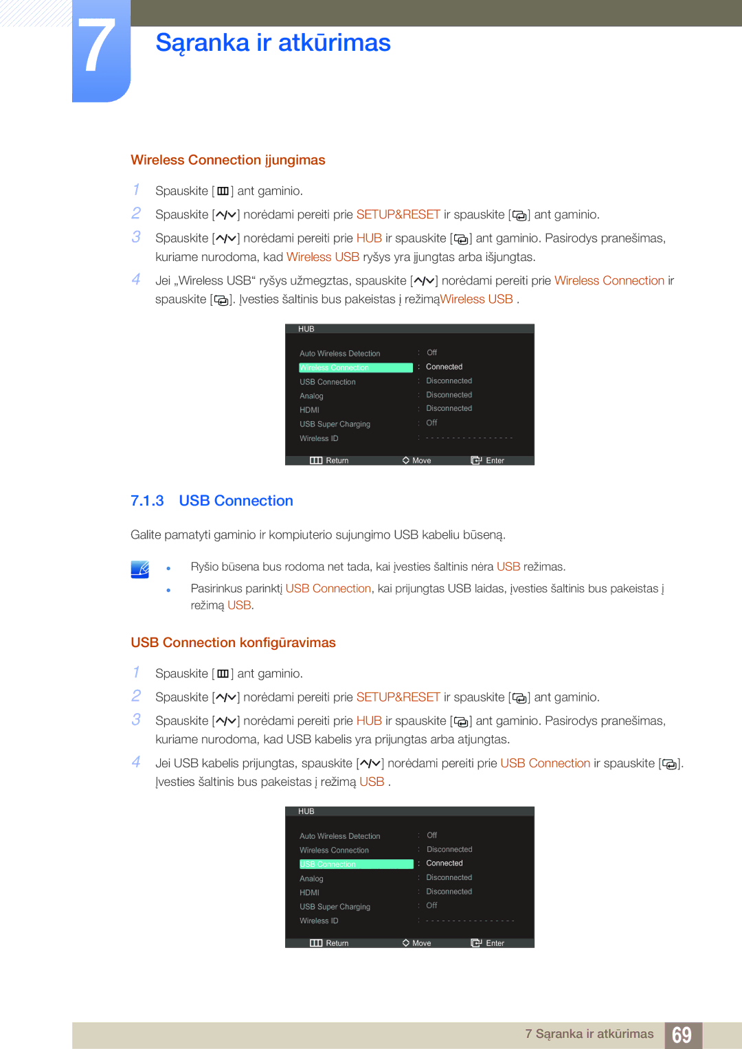 Samsung LC23A750XS/EN manual Wireless Connection įjungimas, USB Connection konfigūravimas 