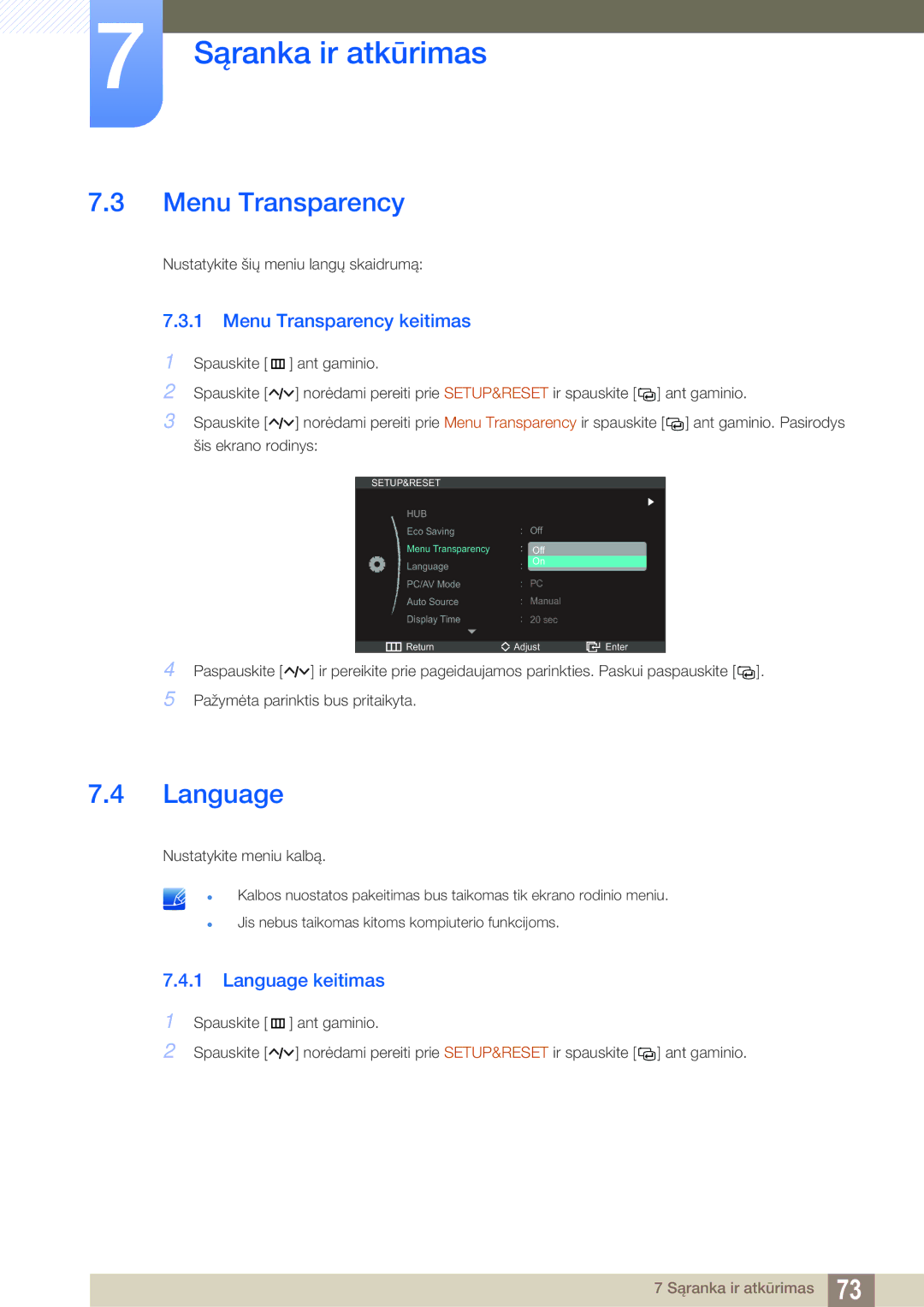 Samsung LC23A750XS/EN manual Menu Transparency keitimas, Language keitimas 