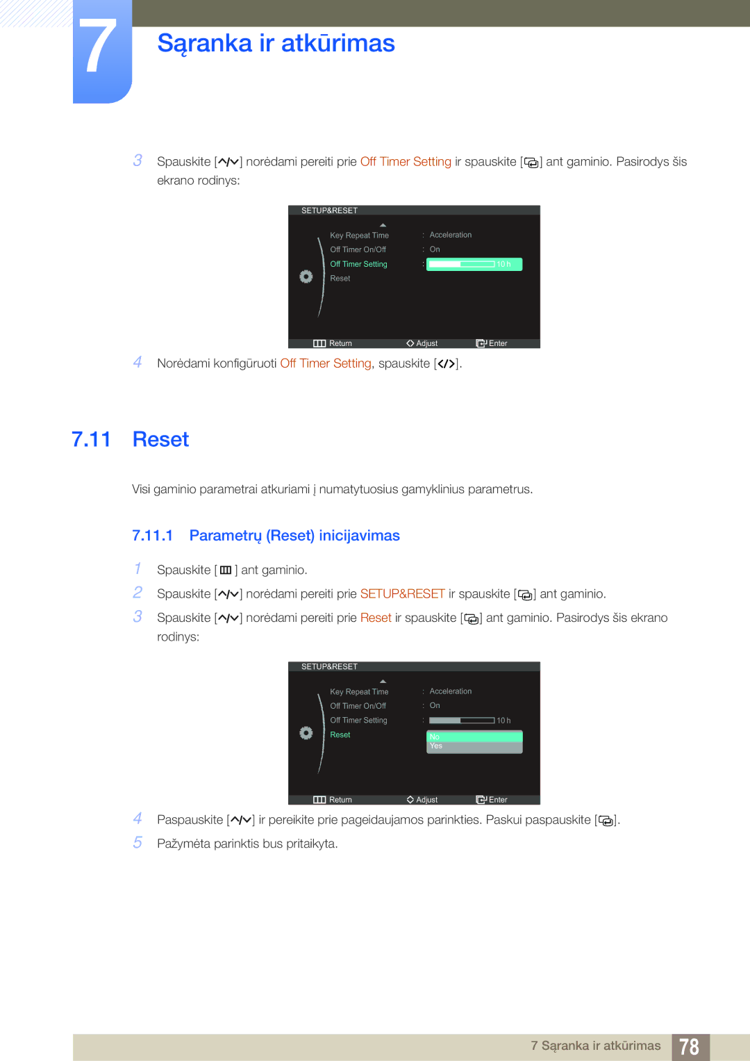 Samsung LC23A750XS/EN manual Parametrų Reset inicijavimas 