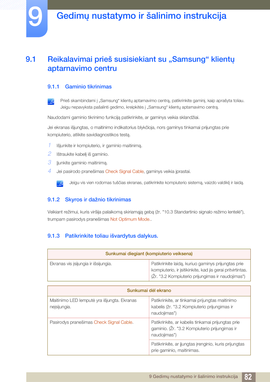 Samsung LC23A750XS/EN manual Gedimų nustatymo ir šalinimo instrukcija, Gaminio tikrinimas, Skyros ir dažnio tikrinimas 