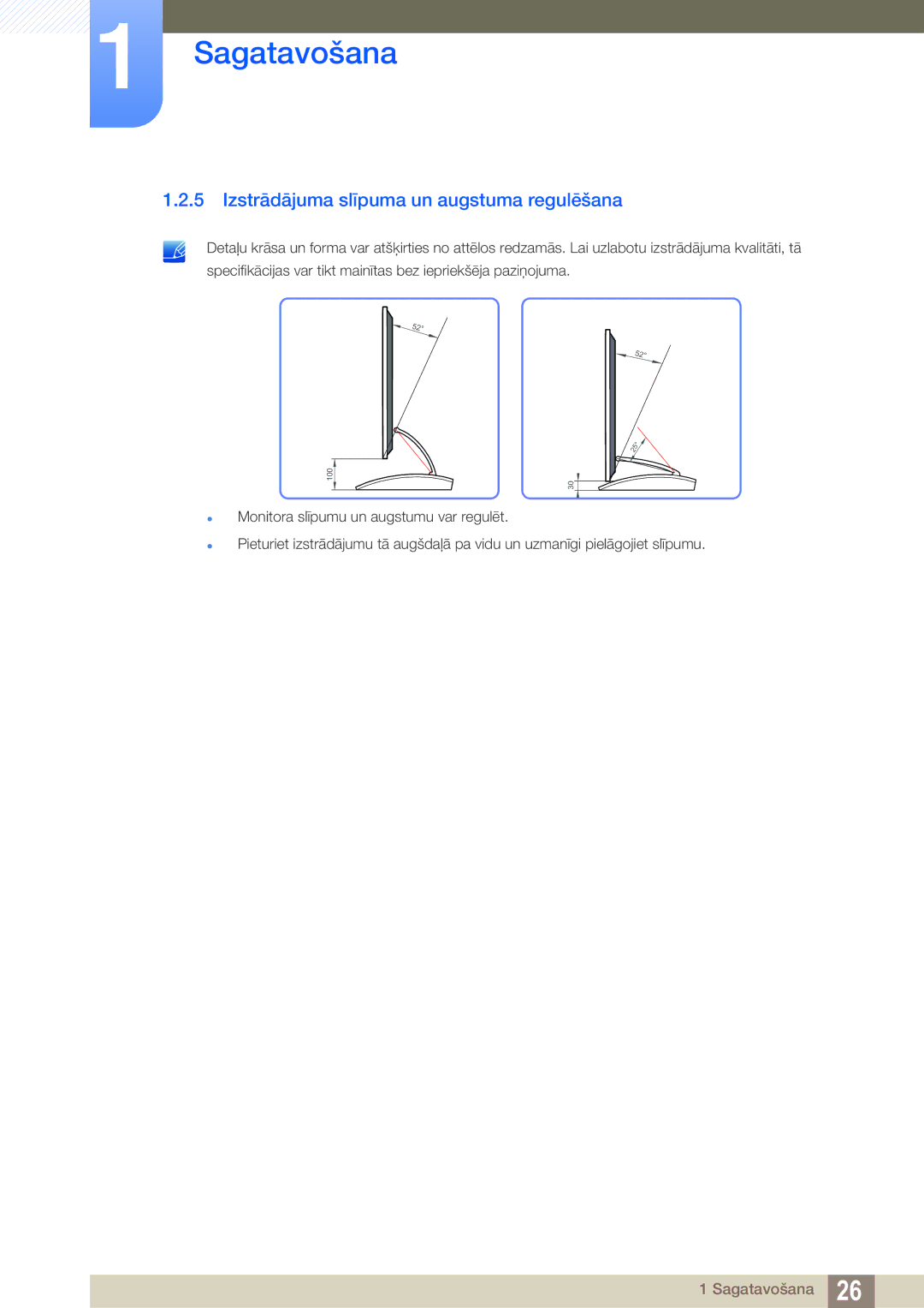 Samsung LC23A750XS/EN manual Izstrādājuma slīpuma un augstuma regulēšana 