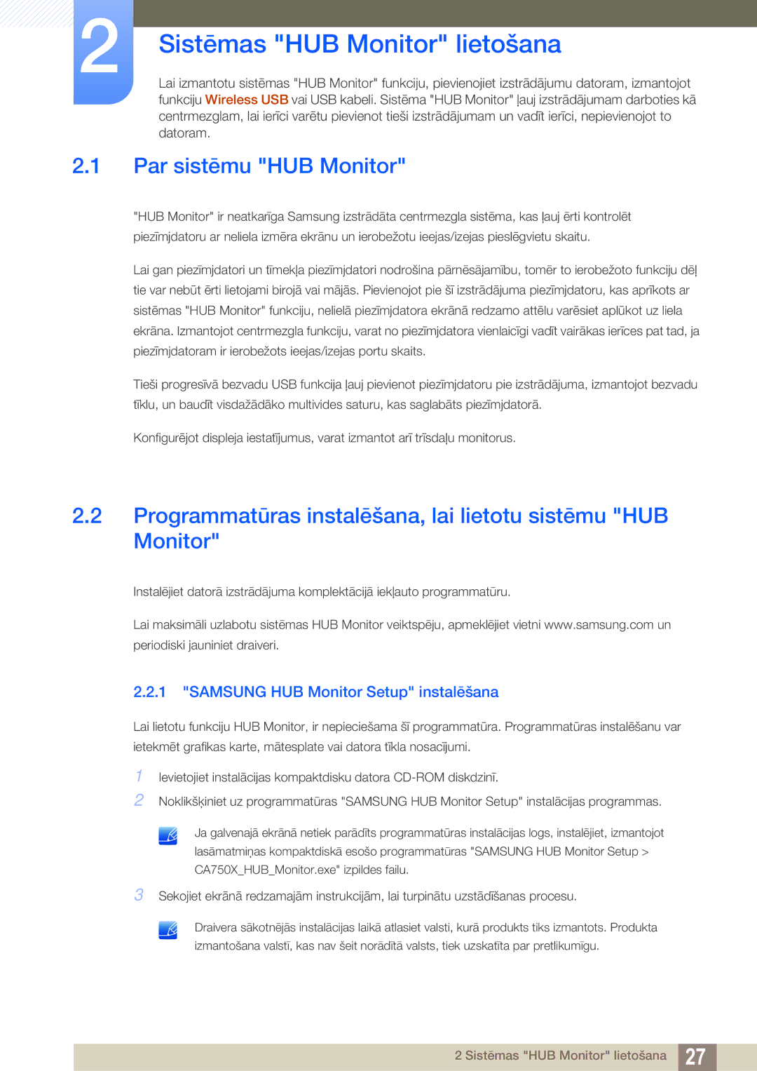 Samsung LC23A750XS/EN manual Sistēmas HUB Monitor lietošana, Par sistēmu HUB Monitor, Samsung HUB Monitor Setup instalēšana 