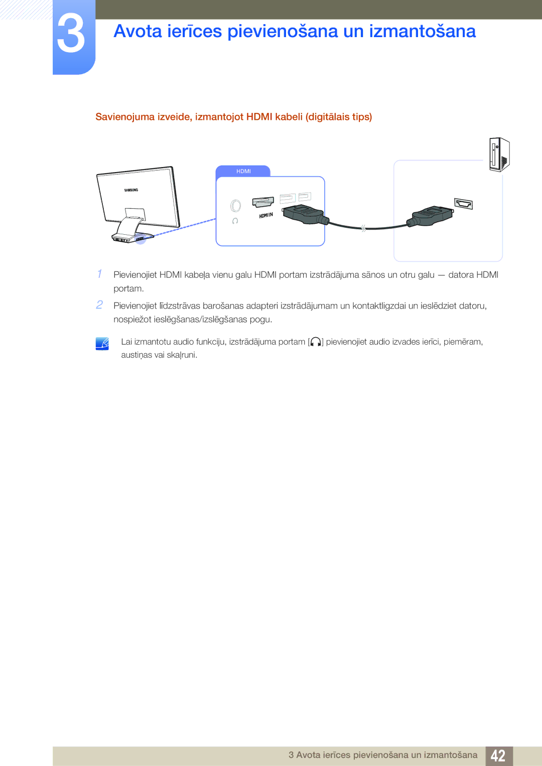 Samsung LC23A750XS/EN manual Savienojuma izveide, izmantojot Hdmi kabeli digitālais tips 