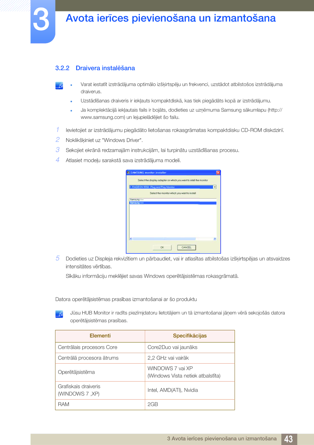 Samsung LC23A750XS/EN manual Draivera instalēšana, Elementi Specifikācijas 