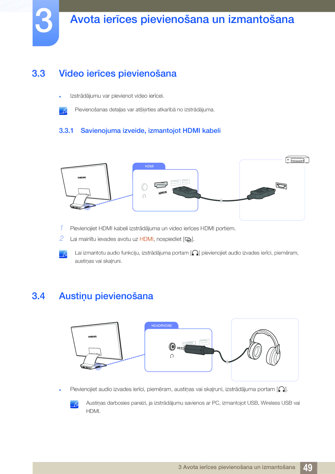 Samsung LC23A750XS/EN manual Video ierīces pievienošana, Austiņu pievienošana, Savienojuma izveide, izmantojot Hdmi kabeli 