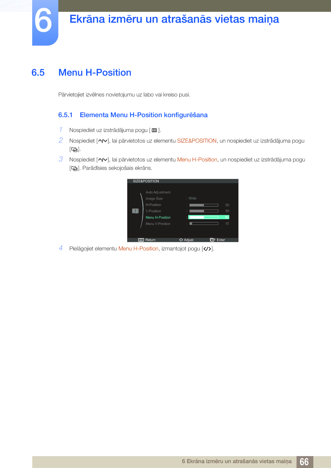 Samsung LC23A750XS/EN manual Elementa Menu H-Position konfigurēšana 