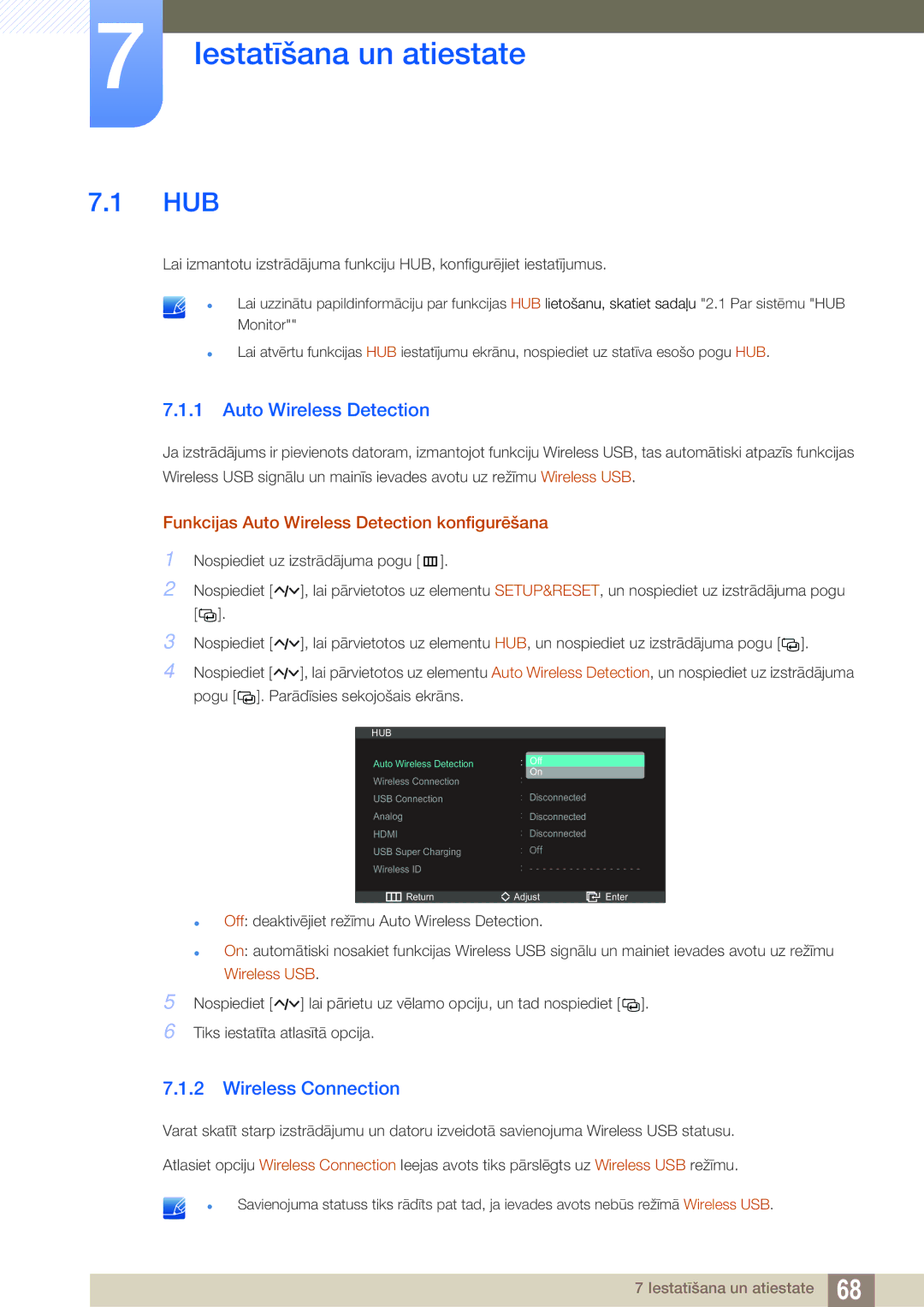 Samsung LC23A750XS/EN manual Iestatīšana un atiestate, Hub, Auto Wireless Detection, Wireless Connection 