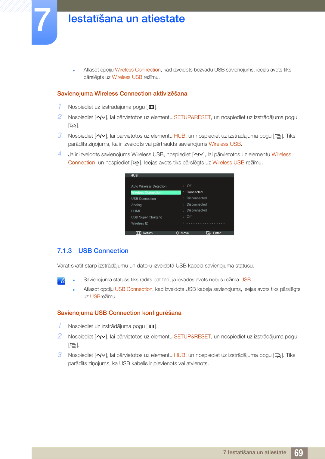 Samsung LC23A750XS/EN manual USB Connection, Savienojuma Wireless Connection aktivizēšana 