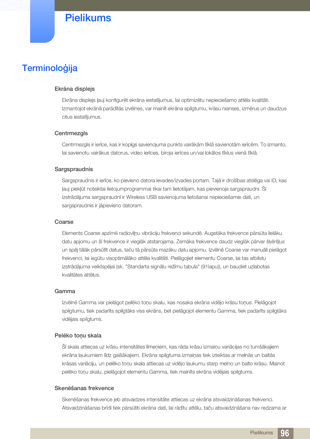 Samsung LC23A750XS/EN manual Terminoloģija, Ekrāna displejs 