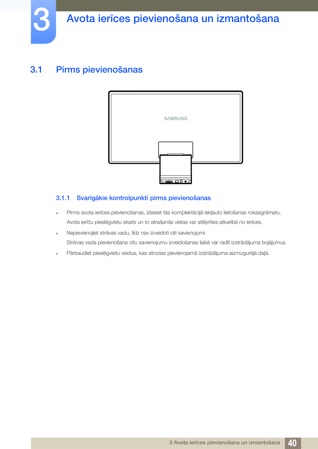 Samsung LC23A750XS/EN manual Avota ierīces pievienošana un izmantošana, Pirms pievienošanas 