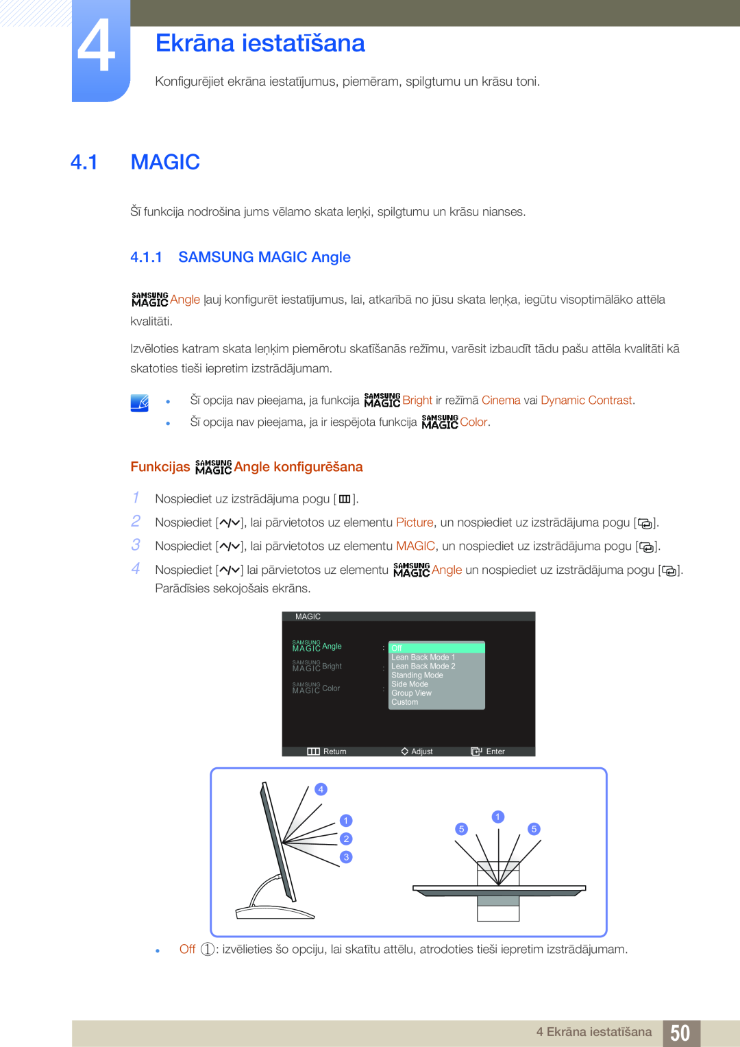 Samsung LC23A750XS/EN manual 4 Ekrāna iestatīšana, Magic, SAMSUNG MAGIC Angle, Funkcijas Angle konfigurēšana 