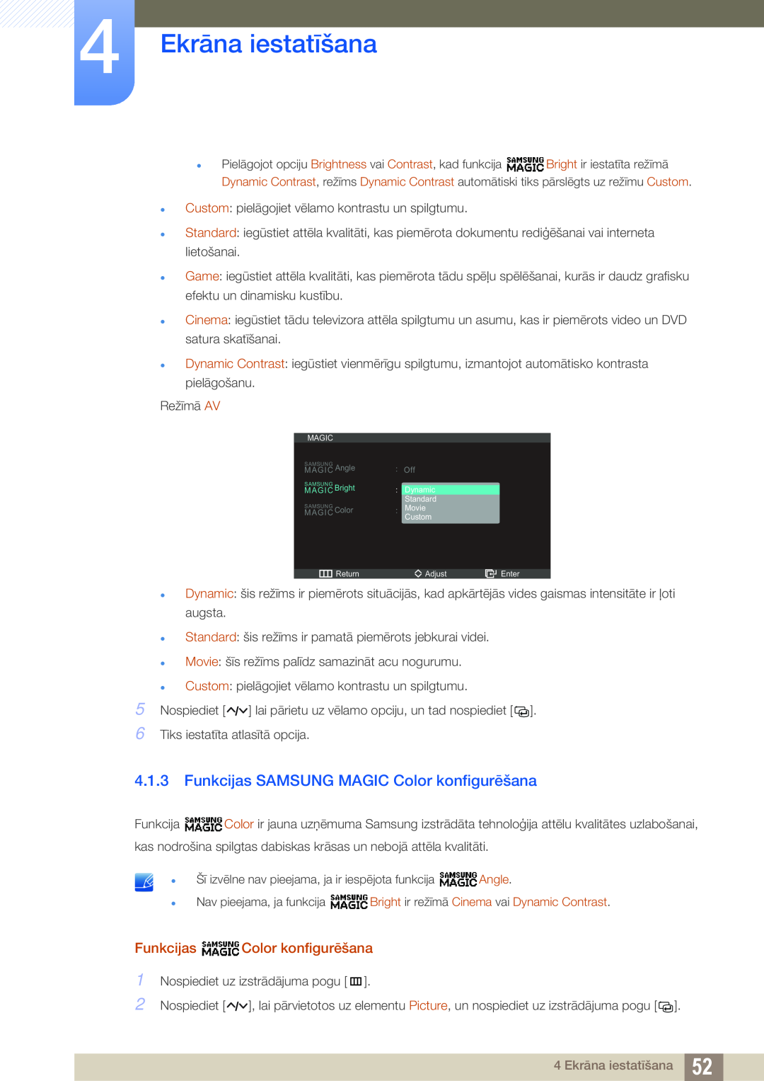 Samsung LC23A750XS/EN Funkcijas SAMSUNG MAGIC Color konfigurēšana, 4 Ekrāna iestatīšana, Funkcijas Color konfigurēšana 