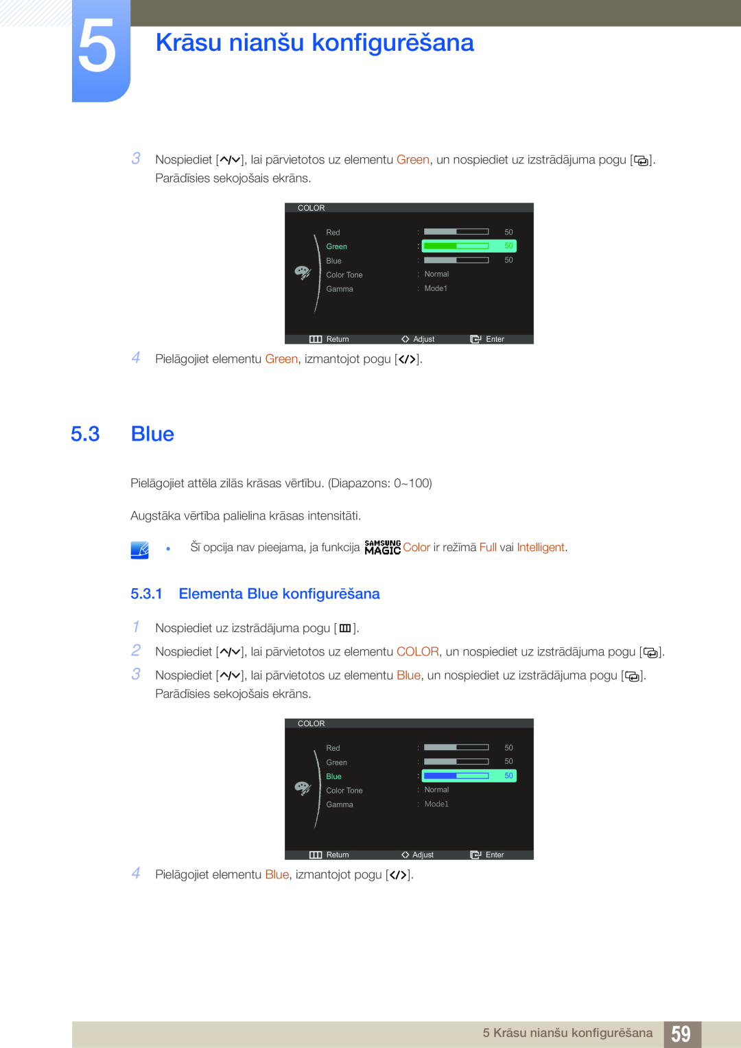 Samsung LC23A750XS/EN manual Elementa Blue konfigurēšana, 5 Krāsu nianšu konfigurēšana 