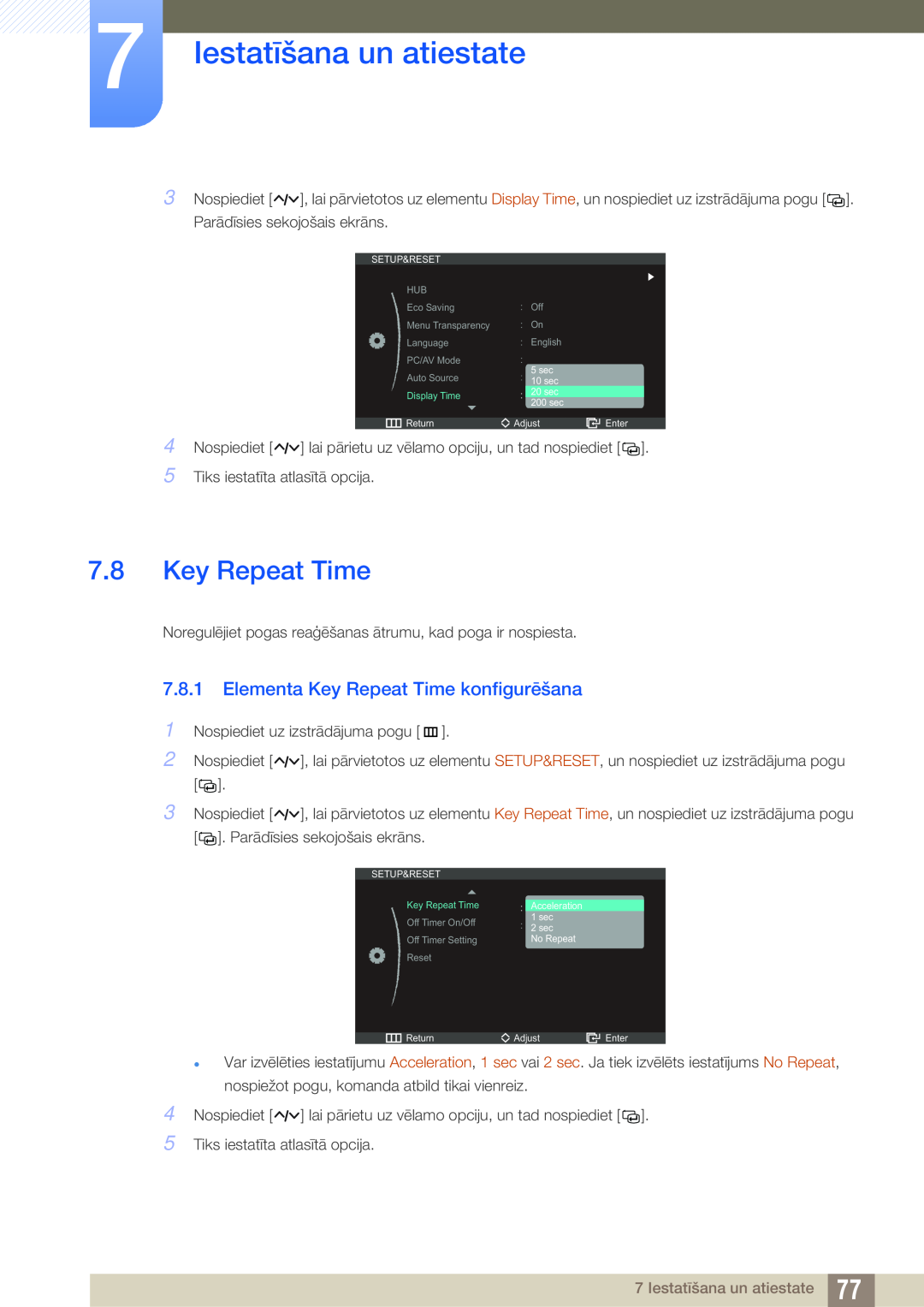 Samsung LC23A750XS/EN manual Elementa Key Repeat Time konfigurēšana, Iestatīšana un atiestate 