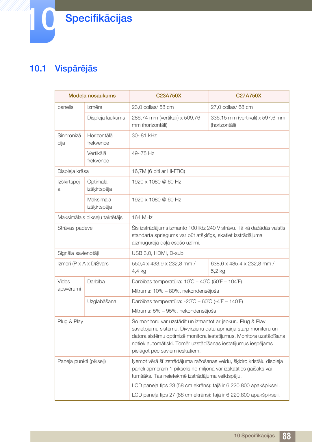 Samsung LC23A750XS/EN manual Specifikācijas, Vispārējās 
