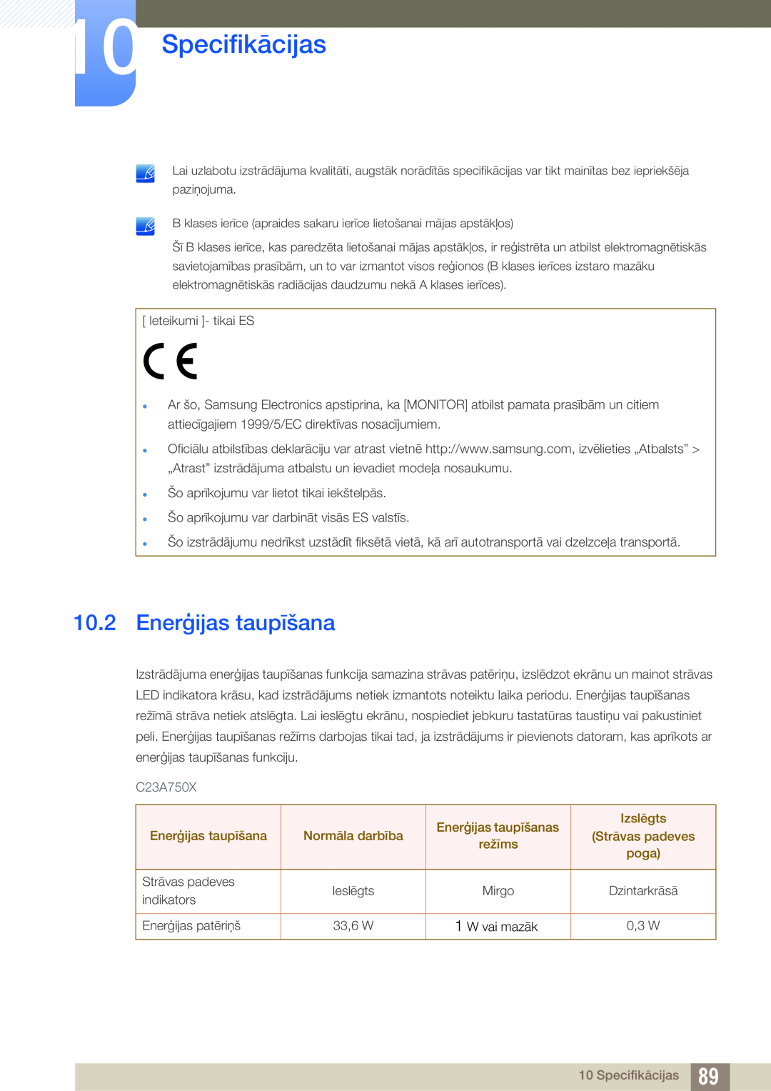 Samsung LC23A750XS/EN manual Enerģijas taupīšana, Specifikācijas 