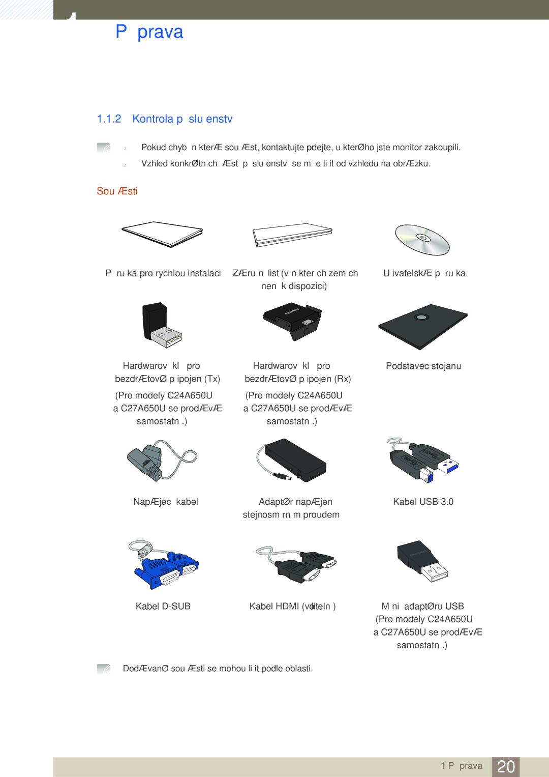 Samsung LC24A650XS/EN, LC24A650XS/XK manual Kontrola příslušenství, Součásti 