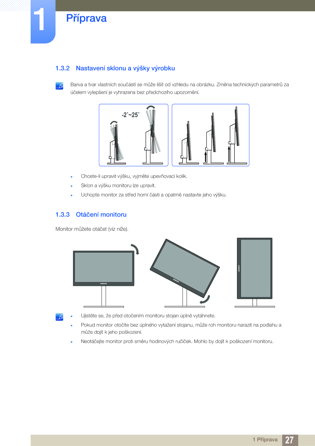 Samsung LC24A650XS/XK, LC24A650XS/EN manual Nastavení sklonu a výšky výrobku, 3 Otáčení monitoru 