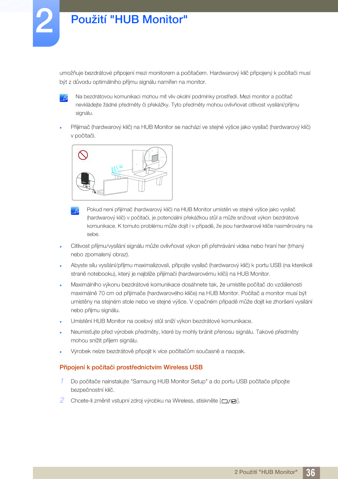 Samsung LC24A650XS/EN, LC24A650XS/XK manual Připojení k počítači prostřednictvím Wireless USB 