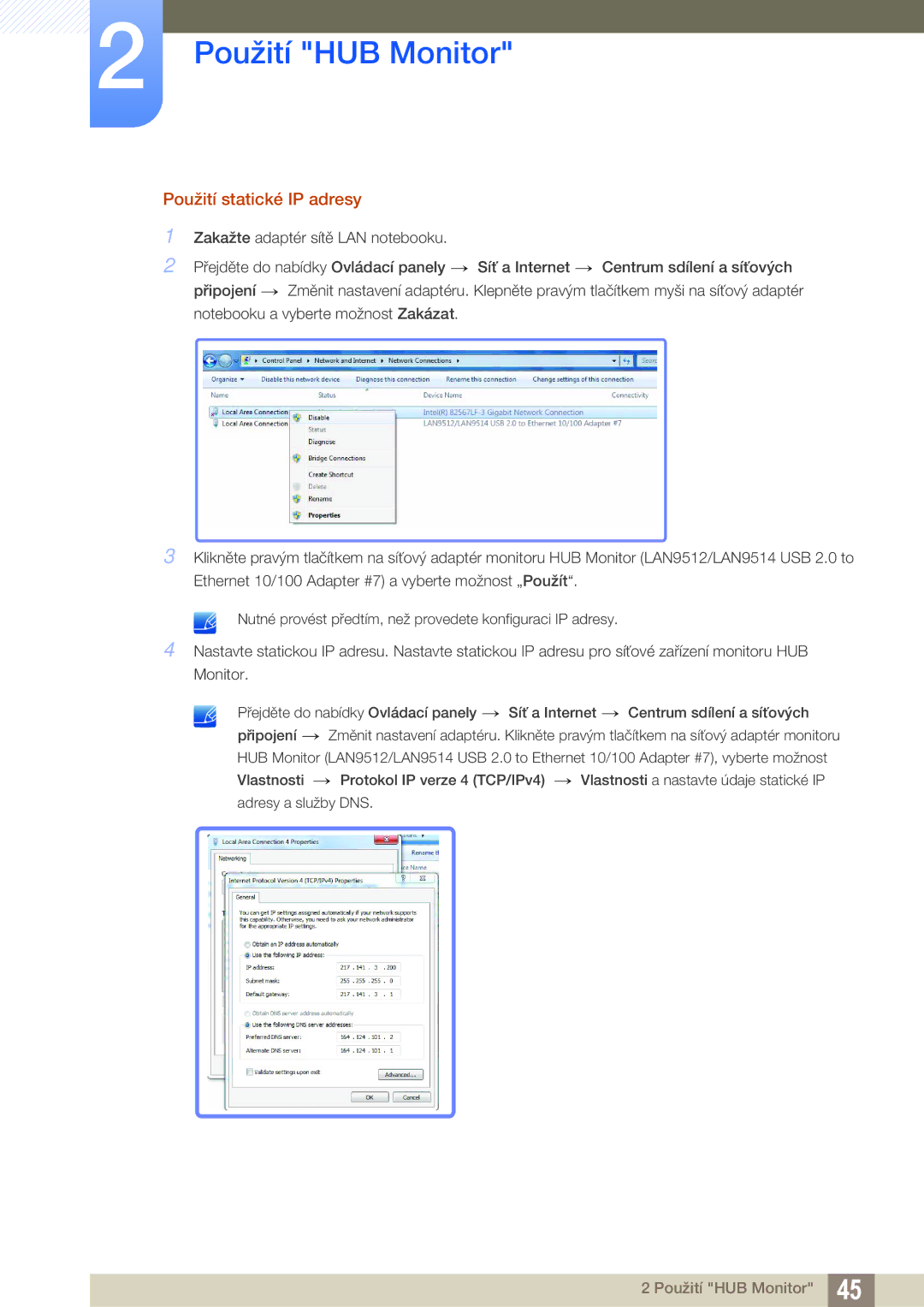 Samsung LC24A650XS/XK, LC24A650XS/EN manual Použití statické IP adresy 