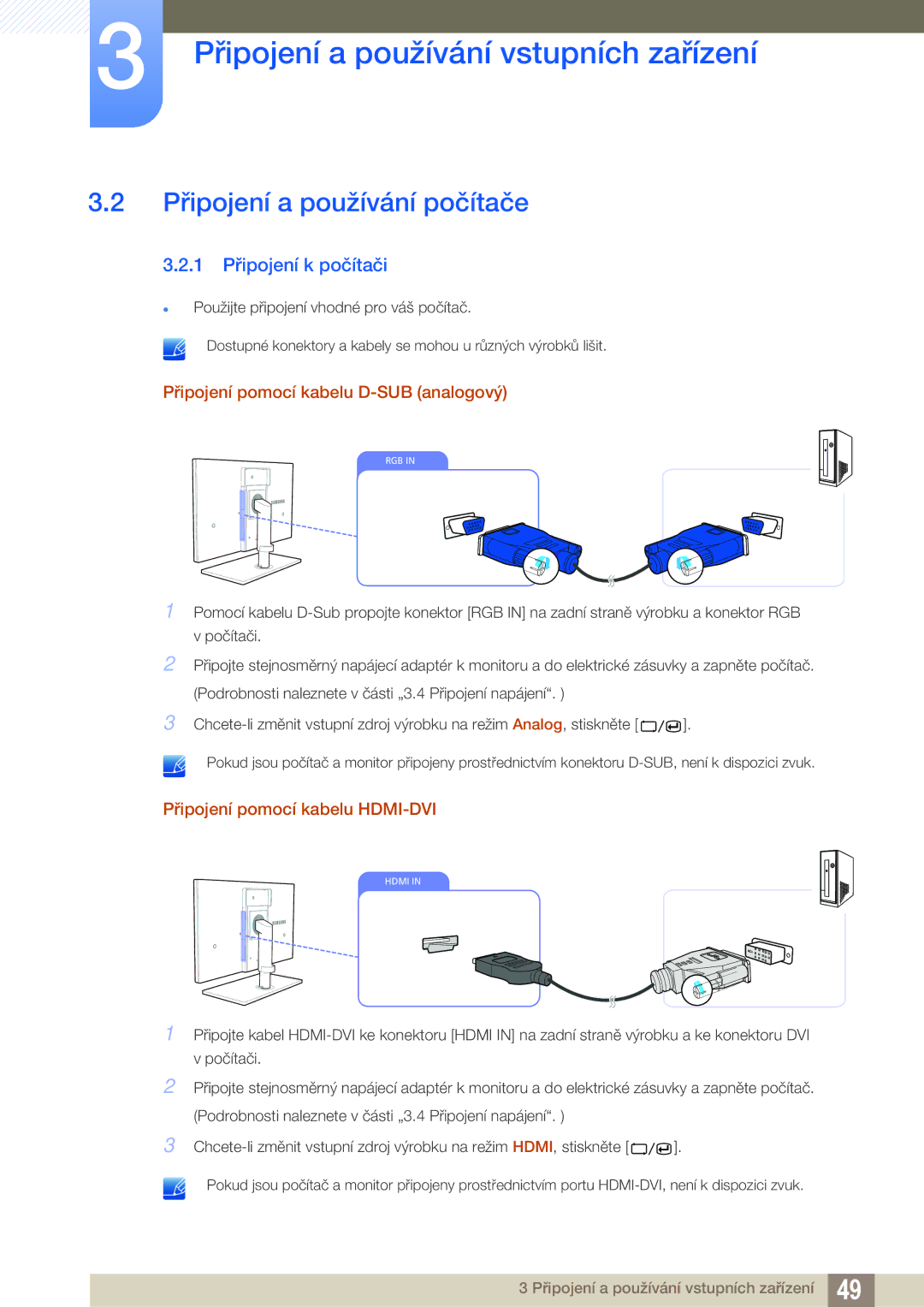 Samsung LC24A650XS/XK Připojení a používání počítače, 1 Připojení k počítači, Připojení pomocí kabelu D-SUB analogový 