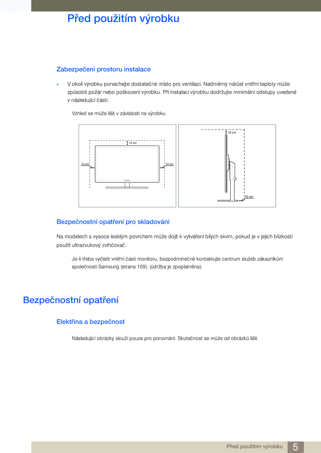 Samsung LC24A650XS/XK Zabezpečení prostoru instalace, Bezpečnostní opatření pro skladování, Elektřina a bezpečnost 