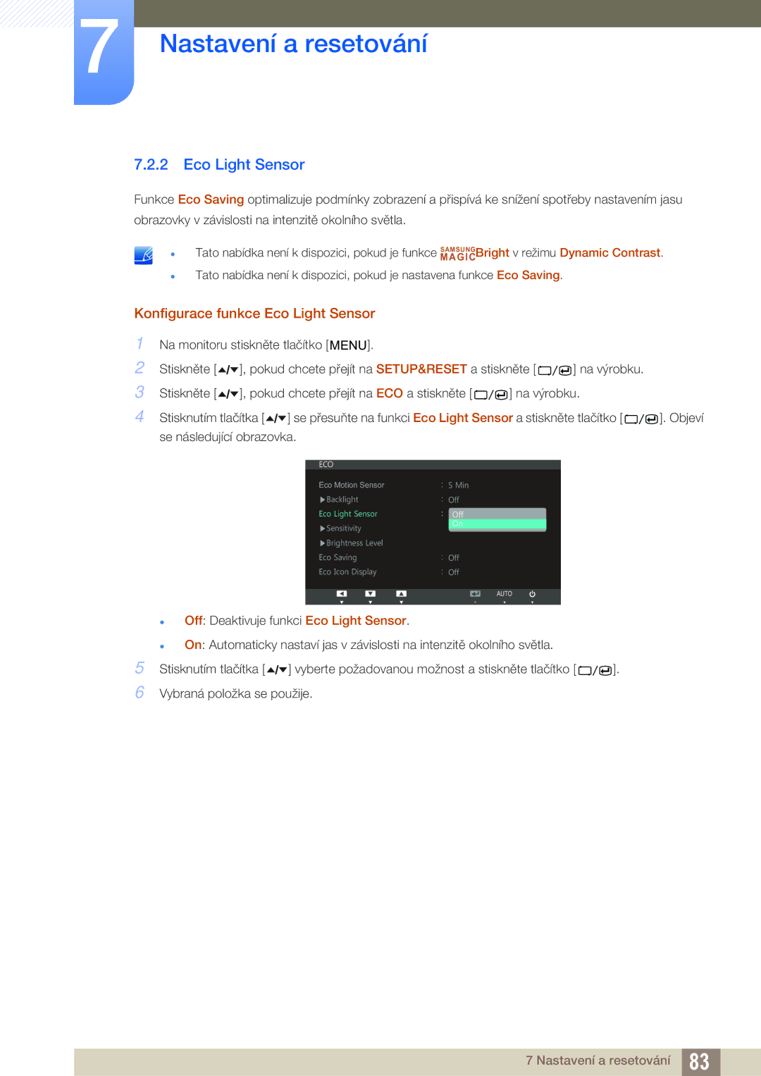 Samsung LC24A650XS/XK, LC24A650XS/EN manual Konfigurace funkce Eco Light Sensor 