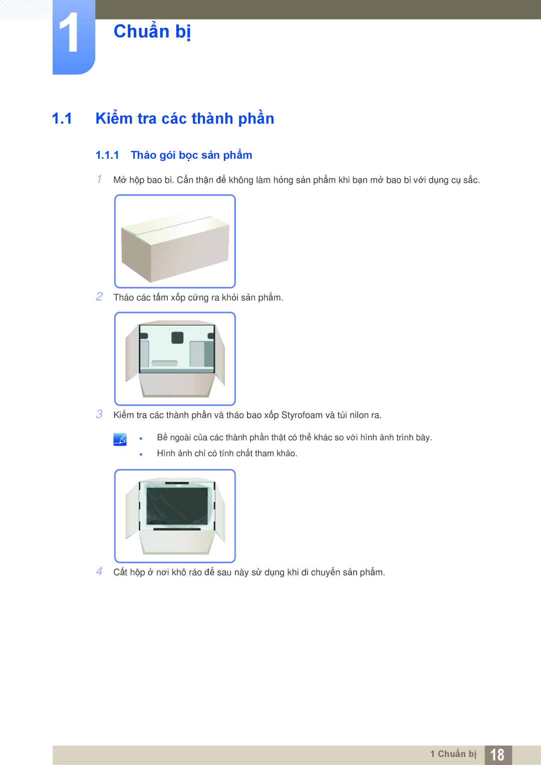 Samsung LC24A650XS/EN, LC24A650XS/XY manual Chuẩn bị, Kiểm tra các thành phần, 1 Tháo gói bọc sản phẩm 