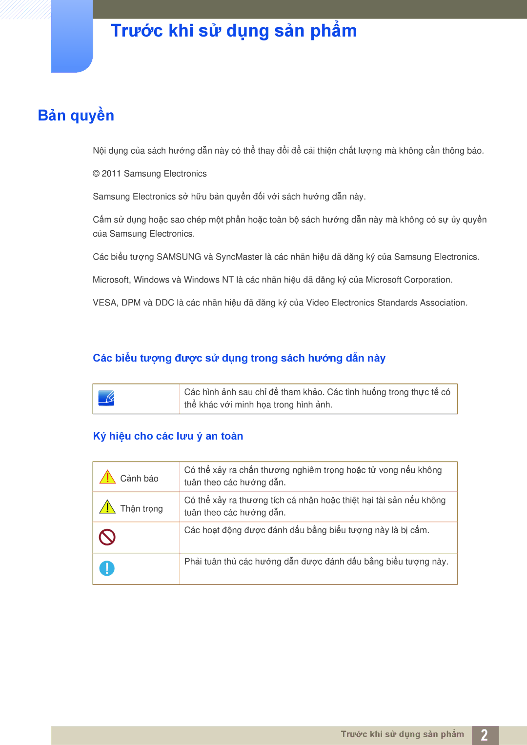 Samsung LC24A650XS/EN manual Trước khi sử dụng sản phẩm, Bản quyền, Các biểu tượng được sử dụng trong sách hướng dẫn này 