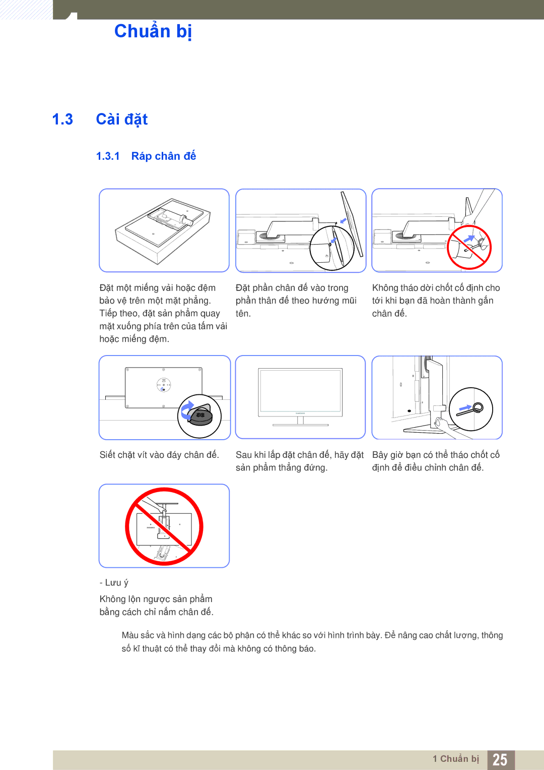 Samsung LC24A650XS/XY, LC24A650XS/EN manual Cài đặt, 1 Ráp chân đế 