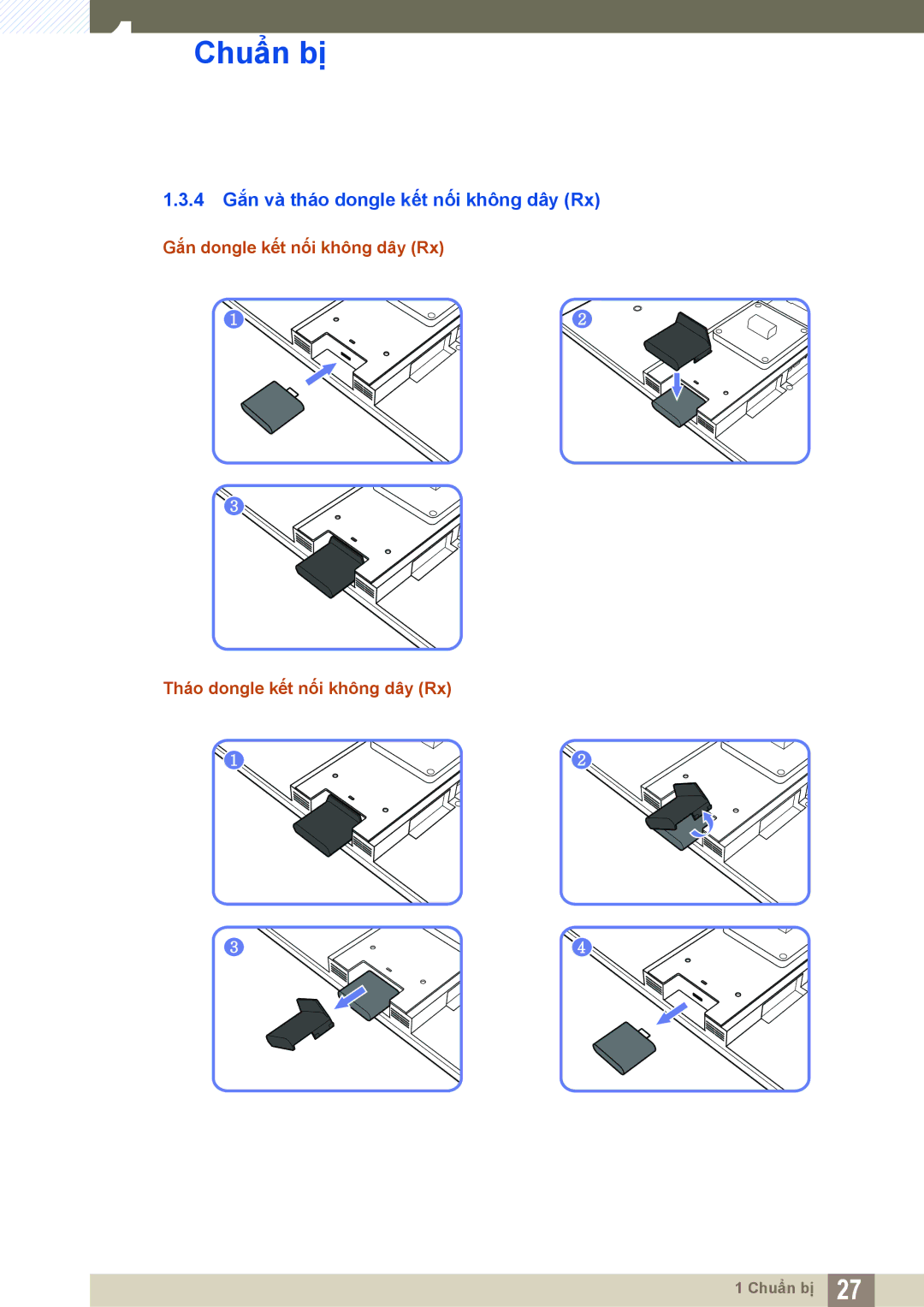 Samsung LC24A650XS/XY, LC24A650XS/EN manual 4 Gắn và tháo dongle kết nối không dây Rx 