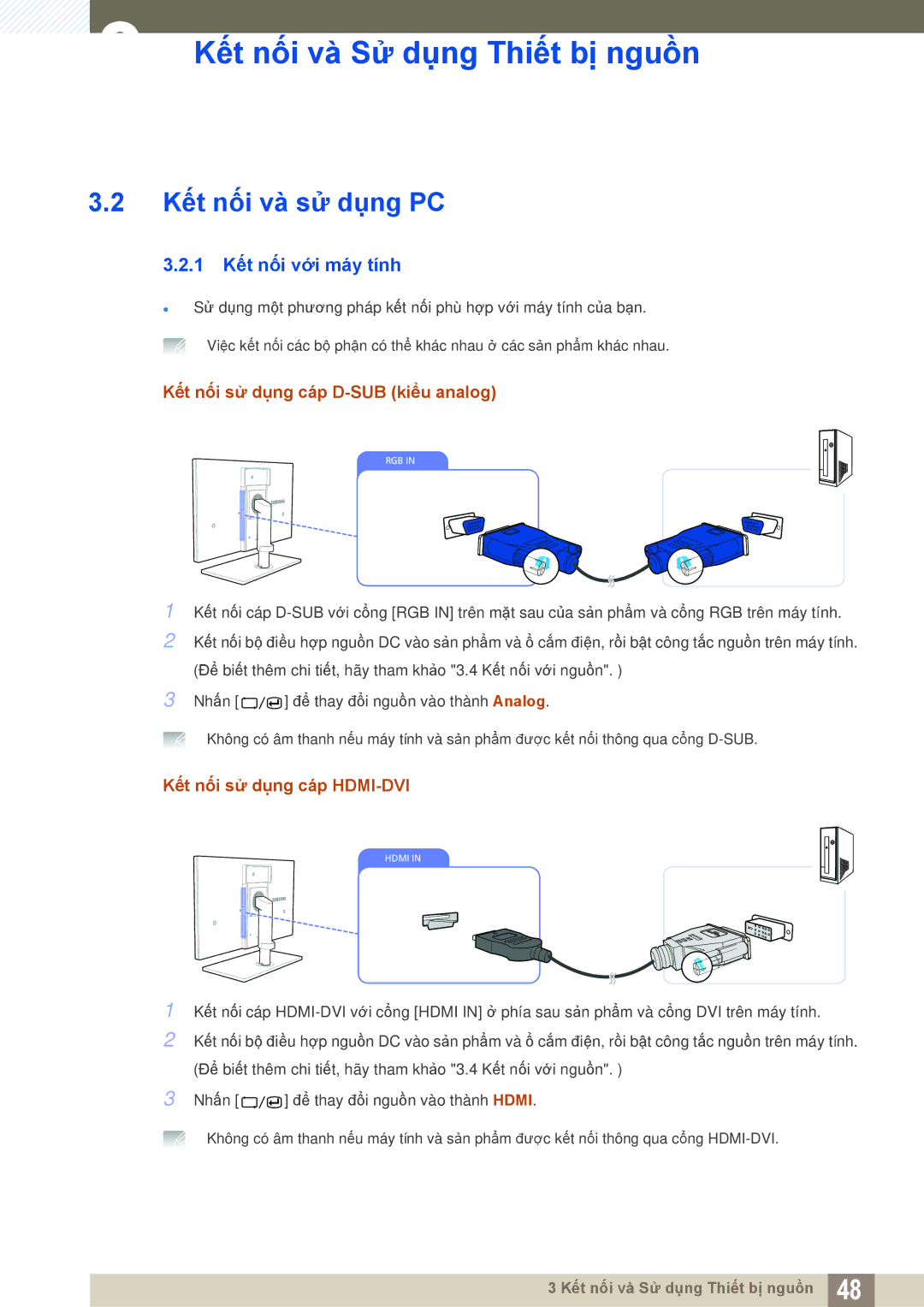 Samsung LC24A650XS/EN, LC24A650XS/XY Kết nối và sử dụng PC, 1 Kết nối với máy tính, Kết nối sử dụng cáp D-SUB kiểu analog 