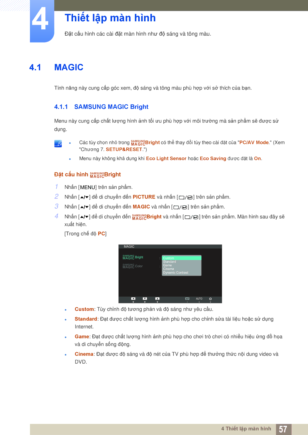 Samsung LC24A650XS/XY, LC24A650XS/EN manual Thiết lập màn hình, Samsung Magic Bright, Đặt cấu hình MAGICSAMSUNGBright 