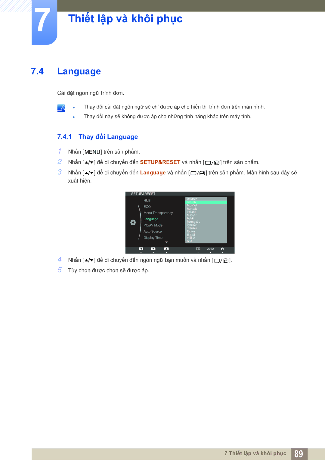 Samsung LC24A650XS/XY, LC24A650XS/EN manual Thay đổi Language 