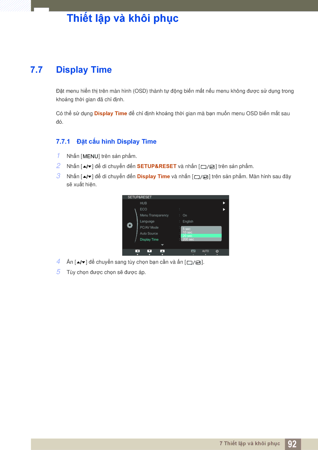 Samsung LC24A650XS/EN, LC24A650XS/XY manual 1 Đặt cấu hình Display Time 