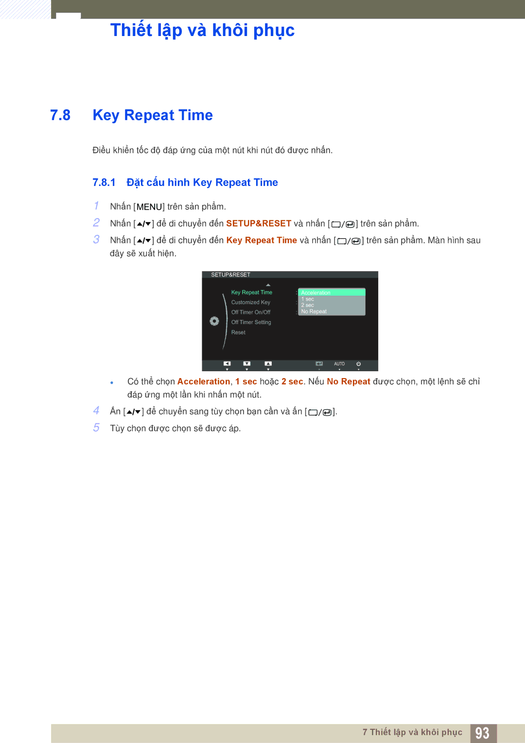 Samsung LC24A650XS/XY, LC24A650XS/EN manual 1 Đặt cấu hình Key Repeat Time 