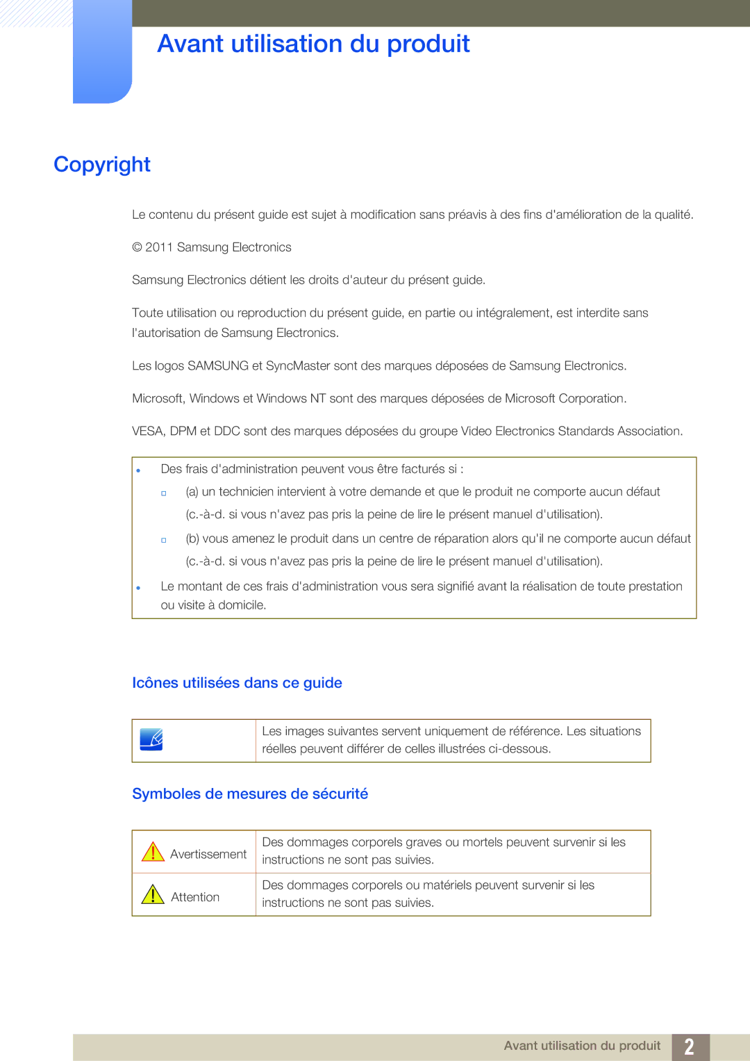 Samsung LC24A650XS/EN manual Avant utilisation du produit, Copyright, Icônes utilisées dans ce guide 