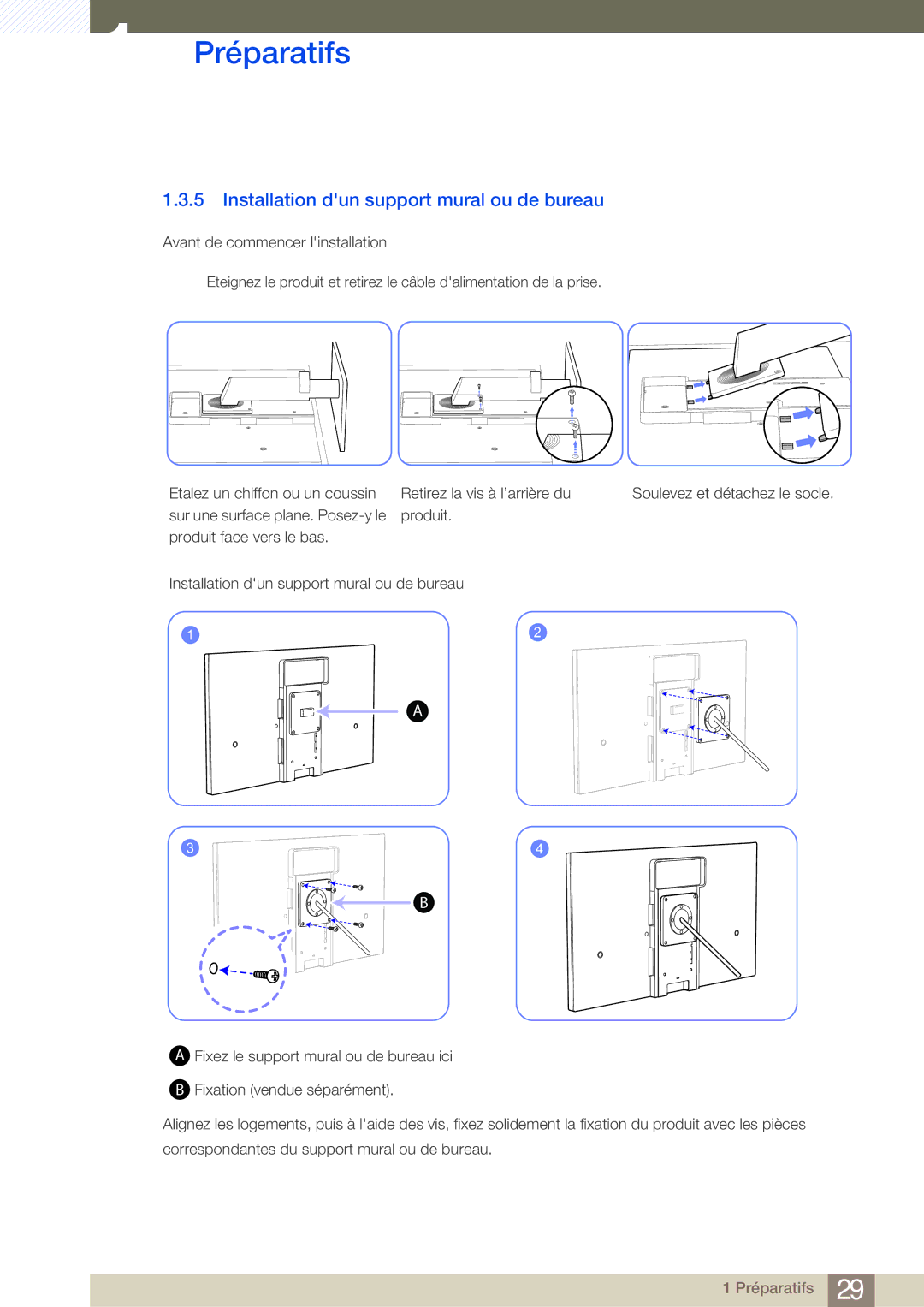 Samsung LC24A650XS/EN manual Installation dun support mural ou de bureau 