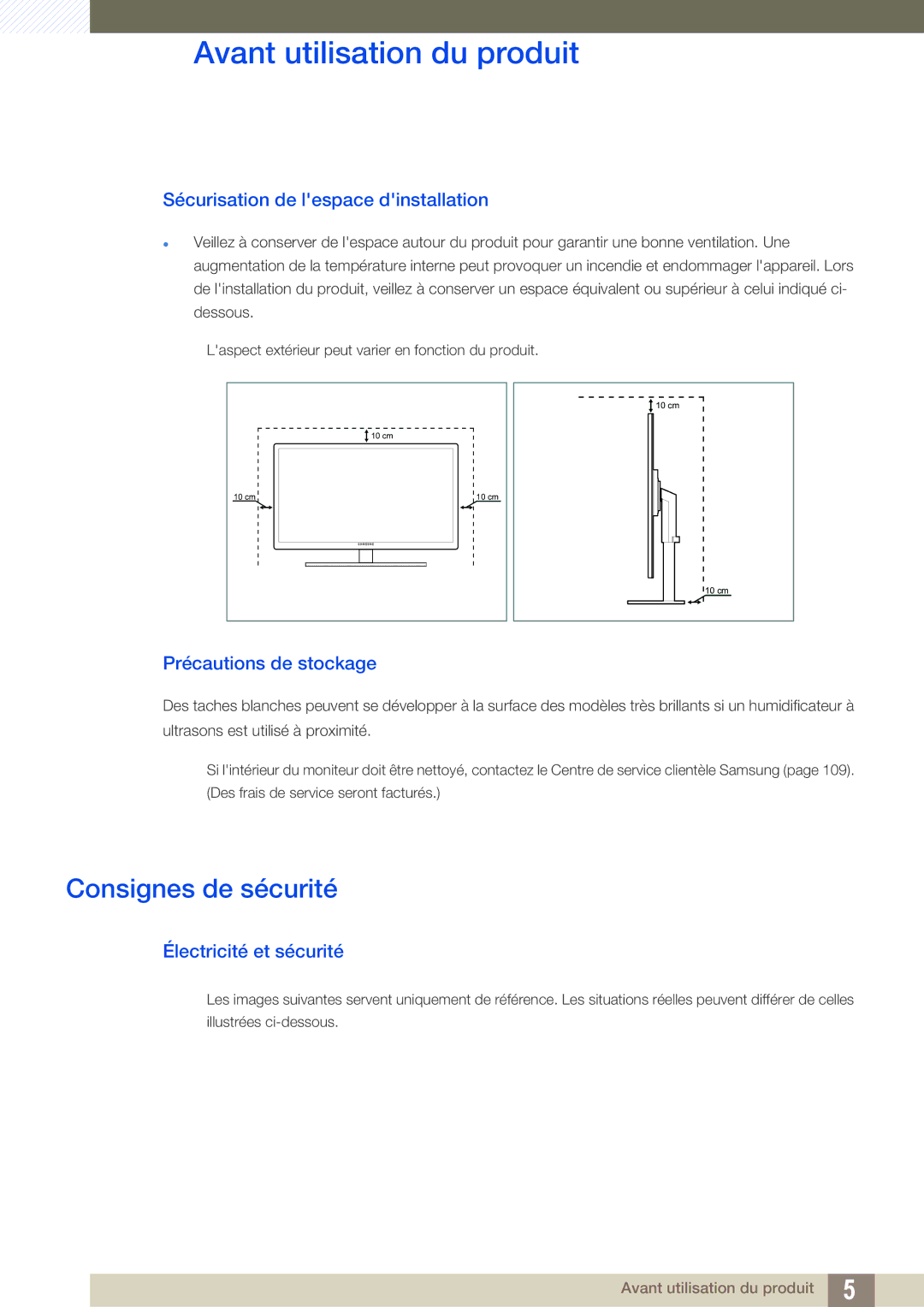 Samsung LC24A650XS/EN manual Consignes de sécurité, Sécurisation de lespace dinstallation, Précautions de stockage 