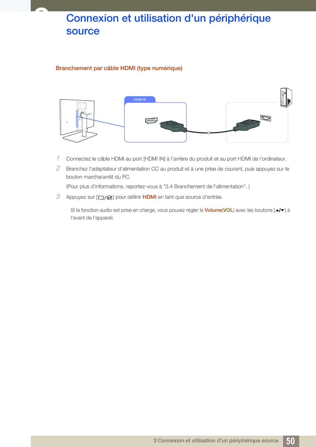 Samsung LC24A650XS/EN manual Branchement par câble Hdmi type numérique 