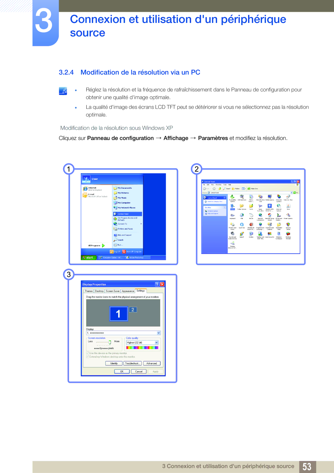 Samsung LC24A650XS/EN manual Modification de la résolution via un PC 