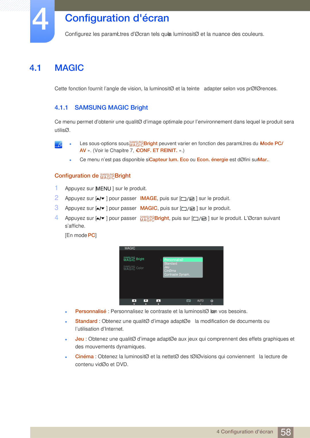 Samsung LC24A650XS/EN manual Configuration décran, Samsung Magic Bright, Configuration de MAGICSAMSUNGBright 