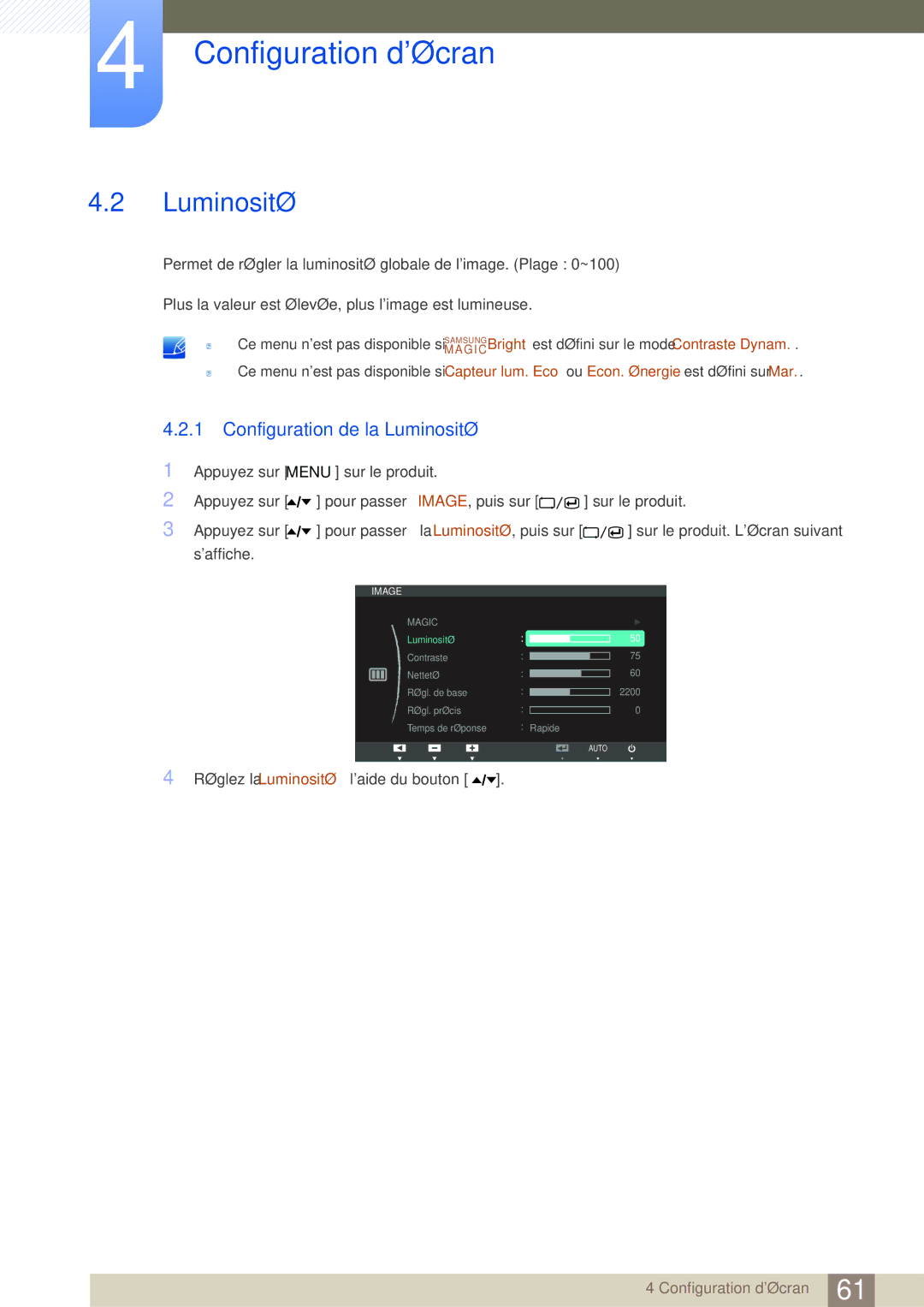 Samsung LC24A650XS/EN manual Configuration de la Luminosité 