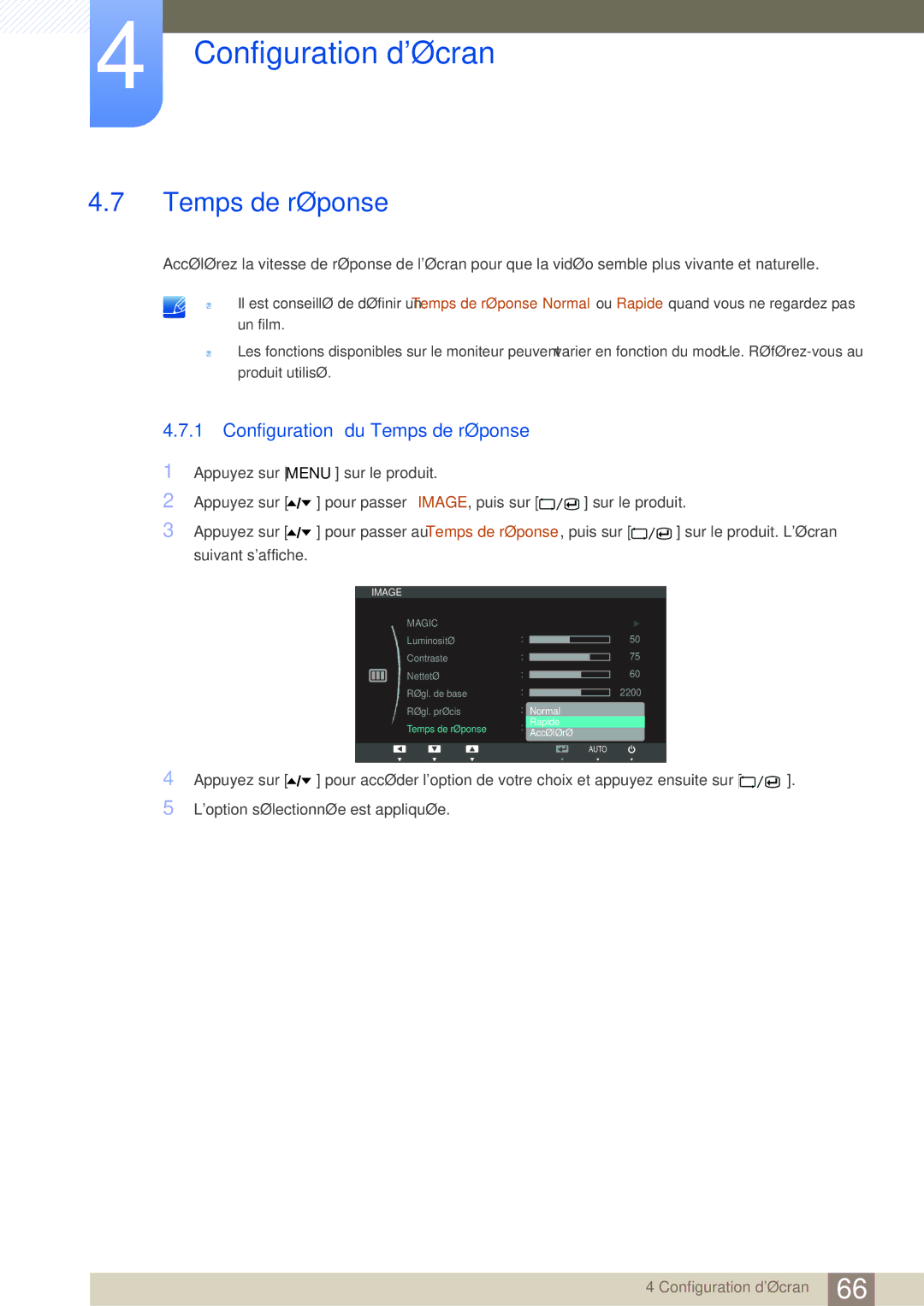 Samsung LC24A650XS/EN manual Configuration du Temps de réponse 